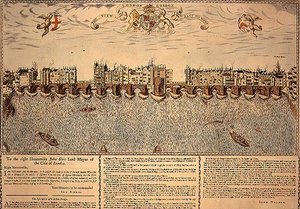 A Vista da Ponte de Londres de Leste a Oeste, reimpressão de uma gravura de 1624 de John (after) Norden