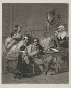 A Família de Cromwell Intercedendo pela Vida de Carlos I, impressão feita por Alfred Johannot (mezzotint) de John (after) Sartain