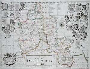 Mapa de Oxfordshire, gravado e colorido à mão por John Oliver e Richard Palmer, publicado por Philip Lea, c.1690 (gravação a cores) de John (after) Sellar