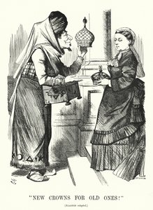 Soco cartoon: Coroas Novas para os Antigos. Benjamin Disraeli (como Aladino) com a Rainha Victoria - o Royal Titles Act 1876 reconhecendo a Rainha como Imperatriz da Índia (gravura)