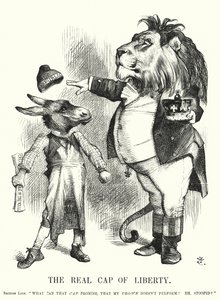 Soco cartoon: The Real Cap of Liberty - a superioridade da monarquia constitucional britânica sobre o republicanismo (gravura) de John (after) Tenniel