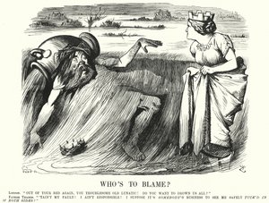 Soco cartoon: Quem é o culpado? - chamadas para tomar medidas para evitar a inundação do Tamisa em Londres (gravura) de John (after) Tenniel
