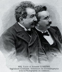 Retrato de Auguste Marie Louis Nicolas Lumiere (1862-1954) e Louis Jean Lumiere (1864-1948), empresários e inventores franceses de projetores de filme, gravura a partir de fotografia de Walter Charles Mills