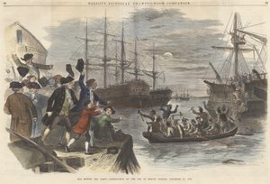 O tea party de Boston Destruição do Chá no Porto de Boston, em 16 de dezembro de 1773, do pub Ballous Pictorial Drawing-Room Companion. 1865 (gravura a cores) de John Andrew