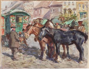 Cavalo preto com casas no fundo (lápis e wc no papel) de John Atkinson