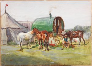 Três cavalos e uma caravana com telhado verde (lápis e wc no papel)