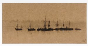 Barcos ancorados em um estuário de John Atkinson Grimshaw