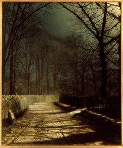 JAGrimshaw, pista enluarada com dois amantes por um portão - Gem. de John Atkinson Grimshaw