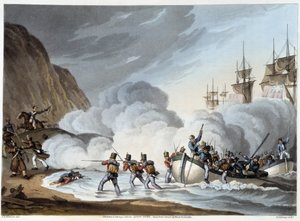 Aterragem de Tropas, Início do Século XIX em "Anecdotes Históricos, Militares e Navais..." de Edward Orne de John Augustus Atkinson