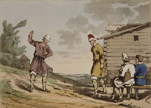 Dança Polaca, placa 96 do Volume III de "Os modos, costumes e diversões dos russos", gravada pelo artista, pub. 1804 (aquatint) de John Augustus Atkinson