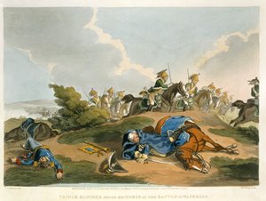 Príncipe Blucher sob seu cavalo na batalha de Waterloo, gravada por Matthew Dubourg (fl.1813-20) de "histórico, militar e anedotas navais", pub. por Edward Orme (1774-c.1820) 1815 (aquatinta) de John Augustus Atkinson