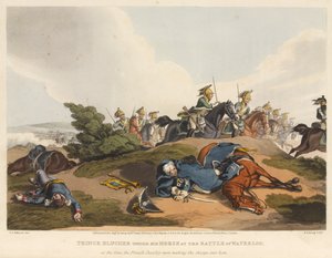 Príncipe Blucher sob seu cavalo na batalha de Waterloo, no momento em que a cavalaria francesa estava fazendo a carga sobre ele, gravada por M. Dubourg, 1819 (colorido aquatint)