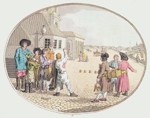 Cena da Aldeia Russa, início do século XIX (gravura à mão colorida) de John Augustus Atkinson