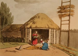 Sorting and Drying Hemp, placa 95 do Volume III de "The Manners, Customs and Amusements of the Russians", gravada pelo artista, pub. 1804 (aquatint) de John Augustus Atkinson