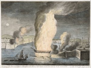 A Queima do Fregate Americano [sic] a Filadélfia no Porto de Tripoli, 1805 (gravura de linha colorida à mão sobre papel avergoado) de John B. Guerazzi