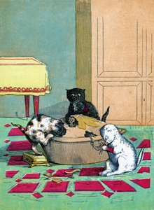 Três gatinhos vestindo luvas e comendo uma torta, ilustração de "Três gatinhos" 1859