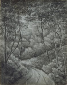 Paisagem, com, um, caminho, através, um, floresta, e, um, clássicas, templo, (soft, grafite, e, branca, giz, ligado, azul, paper)