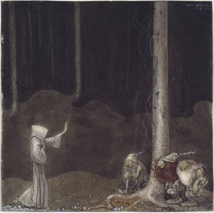 Frere Martin et les trois trolls - Irmão Martin e Three Trolls, de Bauer, John (1882-1918). Aquarela sobre papel de John Bauer