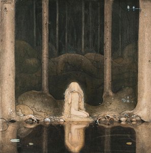 Princesa Tuvstarr olhando para a água do lago com nostalgia de John Bauer