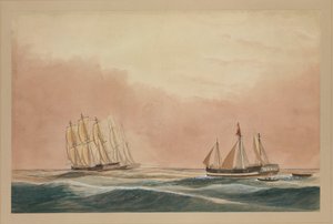 O "Futty Satam" a ser rebocado para a Maurícia pelo barque "Otter" e o navio "City of Poona" 1851, c.1851 (aguarela) de John Becket Hodgson