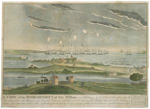 A View of the Bombardment of Fort McHenry, c. 1815 (aquatint colorido à mão sobre papel tecido) de John Bower