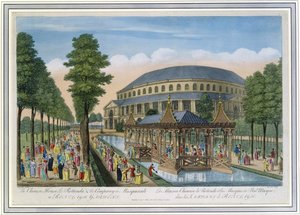 A casa chinesa, a rotunda e a companhia em Masquerade nos jardins de Ranelagh (aquatint colorido)