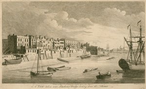 Uma vista tomada perto da ponte de Limehouse que olha abaixo do Tamisa de John Boydell
