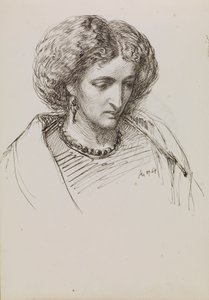 Esboço de retrato de cabeça e ombros de uma mulher com os olhos baixos de John Brett