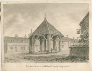 Abbots Bromley - Market House and Stocks: desenho sépia, 1839 de John Buckler