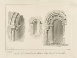 Brewood - Whiteladies Priory (Ruína) : desenho sépia de John Buckler