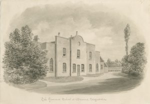 Brewood Grammar School: desenho em sépia, sd [c 1842] (desenho) de John Buckler