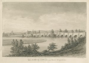 Ponte e cidade de Burton-upon-Trent: desenho em sépia de John Buckler