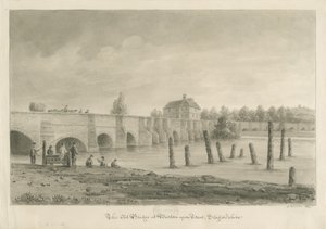 Ponte e cidade de Burton-upon-Trent: desenho em sépia, 1839 de John Buckler