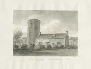 Dilhorne - Igreja e Escola de Gramática: desenho sépia de John Buckler