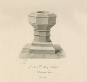 Fonte na Igreja Audley: desenho em sépia, 1840 de John Buckler