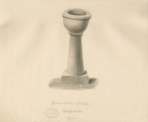 Fonte na Igreja Acton Trussell: desenho em sépia, 1841 de John Buckler