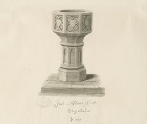 Fonte na igreja de Blore: desenho em sépia, 1839 de John Buckler