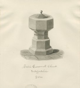 Fonte na Igreja Caverswall: desenho sépia de John Buckler