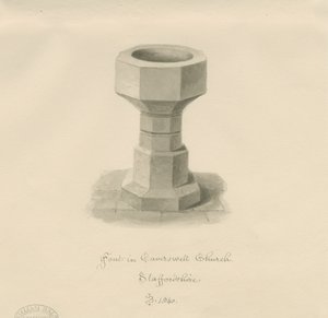 Fonte na Igreja Caverswall: desenho em sépia, 1840 de John Buckler