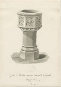 Fonte na Igreja Norton Canes: sépia lavagem desenho, 1843 de John Buckler