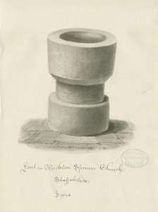 Fonte na Igreja Rushton Spencer: desenho de lavagem sépia de John Buckler