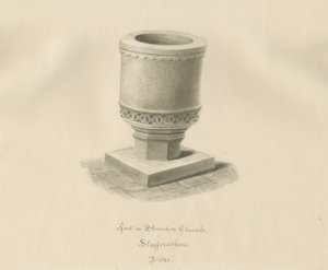 Fonte na Igreja Standon: desenho sépia de John Buckler