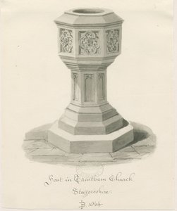 Fonte na Igreja de Trentham: desenho em sépia, 1844 de John Buckler