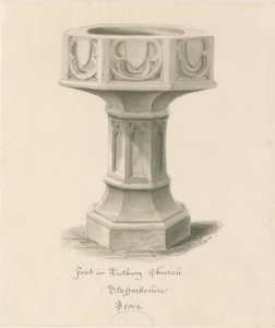 Fonte em Tutbury Priory Church: desenho de sepia wash de John Buckler