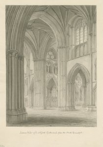 Interior da Catedral de Lichfield - Travessia do Transepto Norte: desenho em sépia de John Buckler