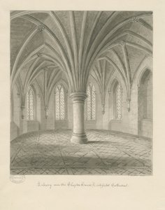 Interior da Catedral de Lichfield - Biblioteca acima da Casa do Capítulo: desenho sépia de John Buckler