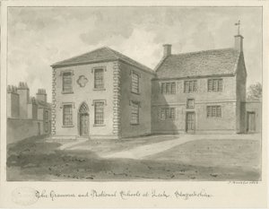 Leek Town - Grammar School: desenho em sépia, 1844 de John Buckler