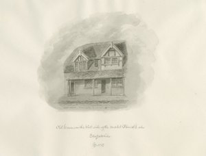 Leek Town - Casas antigas em Market Place: desenho sépia de John Buckler