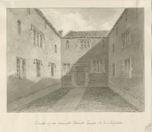 Lichfield - Court Yard of Old House in The Close: desenho sépia de John Buckler