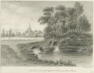Catedral de Lichfield - Vista leste: desenho em sépia, 1844 de John Buckler